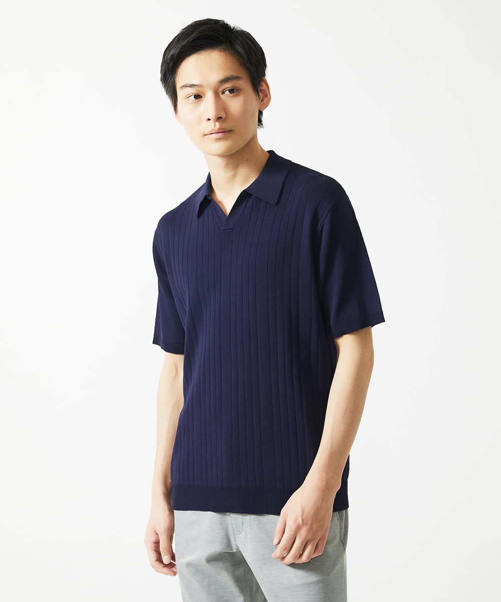 MKFGA61110 MK MICHEL KLEIN HOMME(MKミッシェルクランオム) ニットポロシャツ / リネンタッチハリヌキ ネイビー