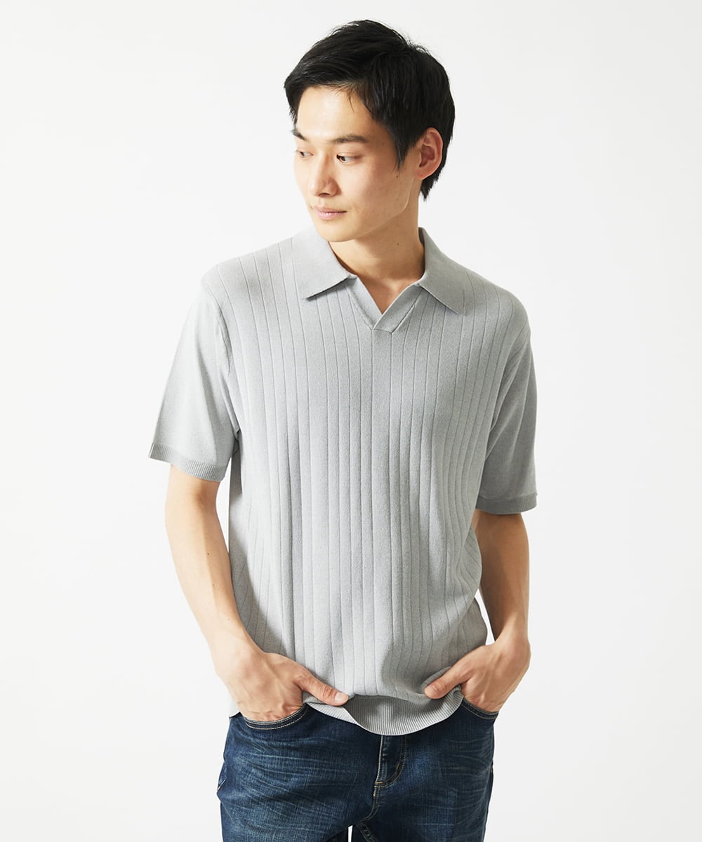 MKFGA61110 MK MICHEL KLEIN HOMME(MKミッシェルクランオム) ニットポロシャツ / リネンタッチハリヌキ ライトグレー