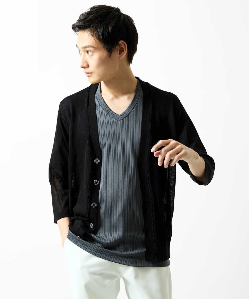 MKFGC19090 MK MICHEL KLEIN HOMME(MKミッシェルクランオム) 【洗える】七分袖カーディガン ブラック
