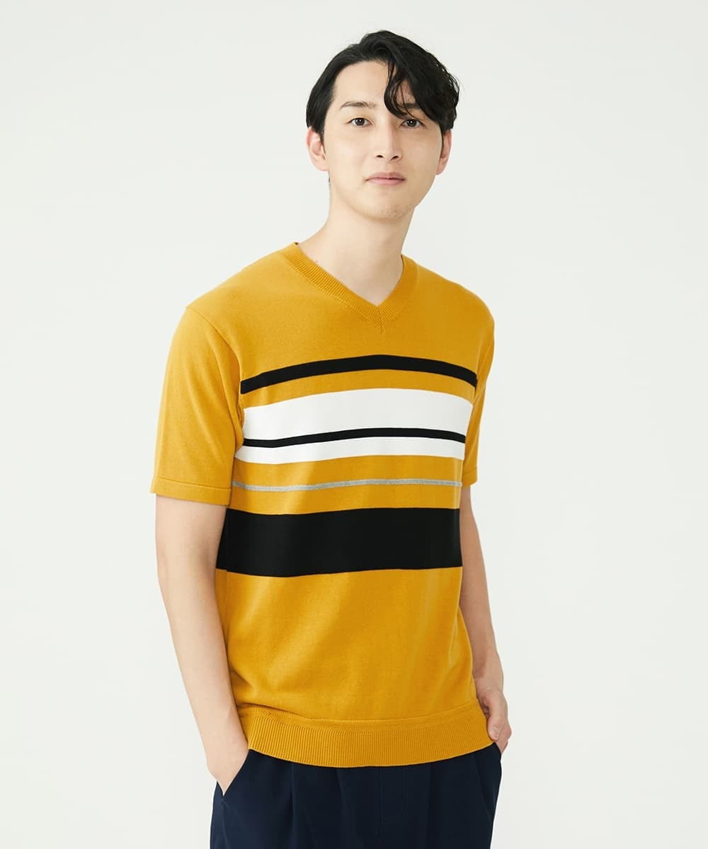 MKFGU06095 MK MICHEL KLEIN HOMME(MKミッシェルクランオム) 大人のニットソー / パネルボーダー マスタード(26)