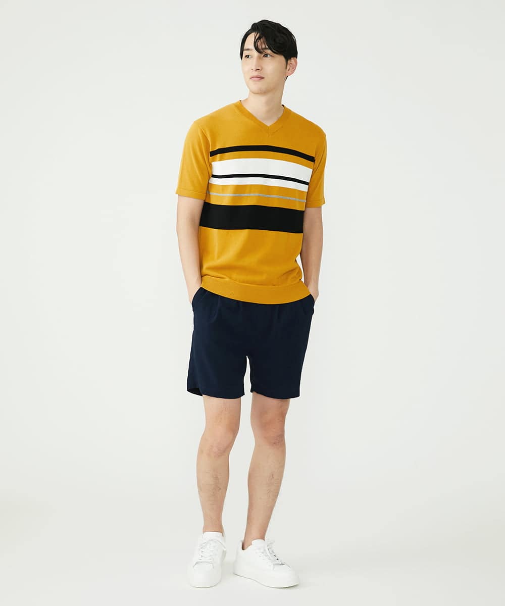 MKFGU06095 MK MICHEL KLEIN HOMME(MKミッシェルクランオム) 大人のニットソー / パネルボーダー マスタード(26)