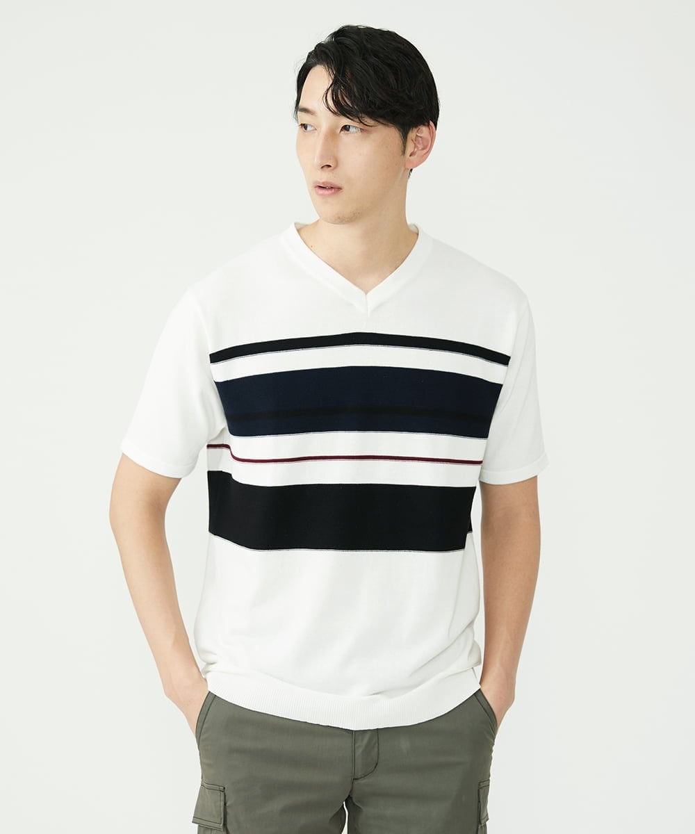 MKFGU06095 MK MICHEL KLEIN HOMME(MKミッシェルクランオム) 大人のニットソー / パネルボーダー ホワイト(90)