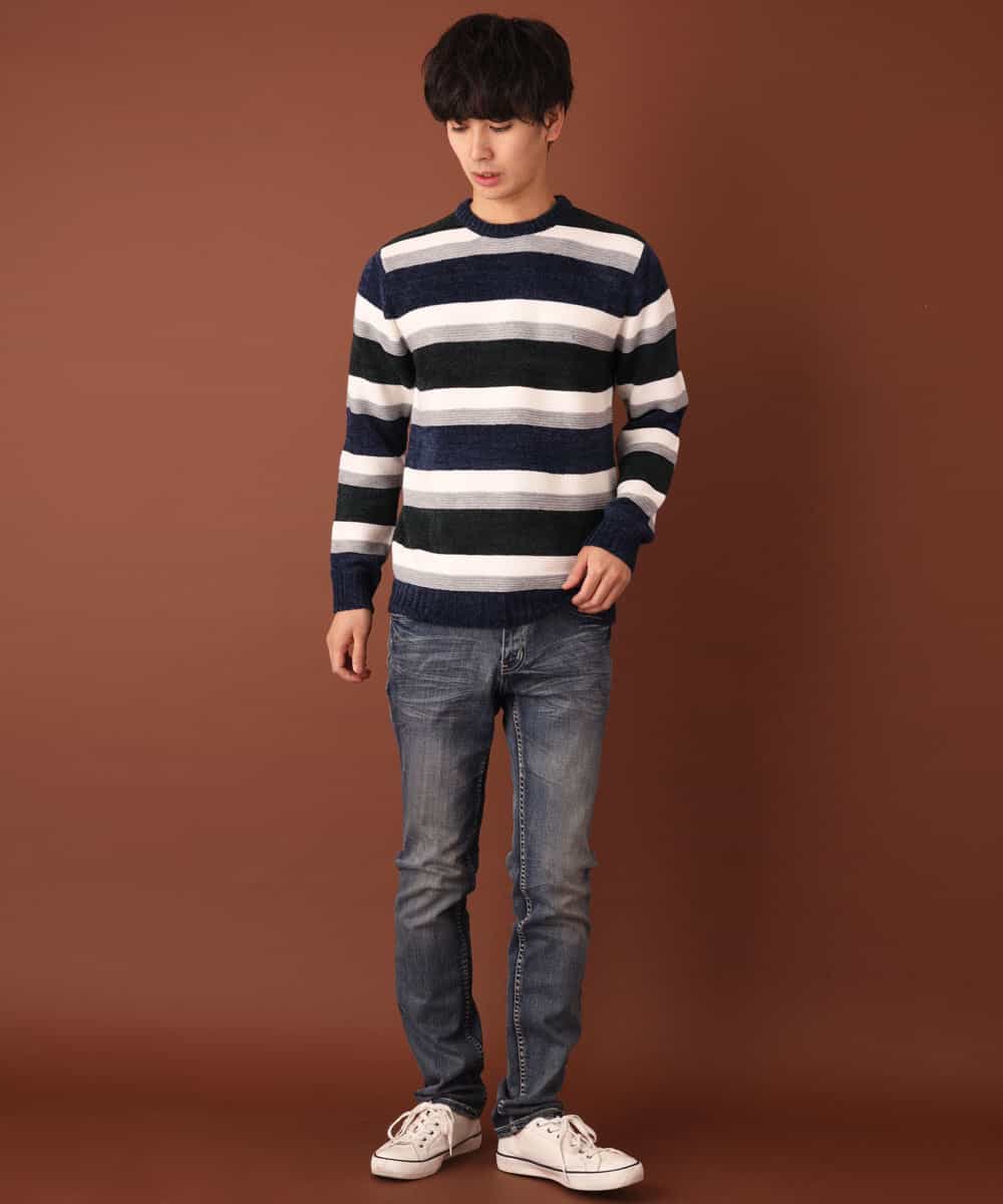 MKIAL06085 MK MICHEL KLEIN HOMME(MKミッシェルクランオム) ふわふわニット／モールMIXボーダー ネイビー