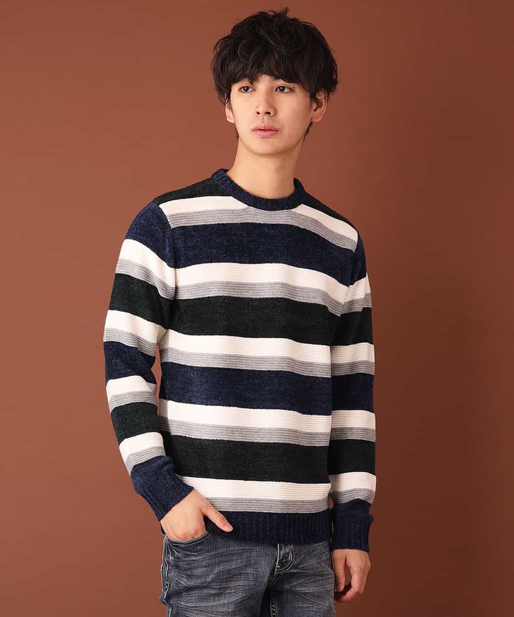MKIAL06085 MK MICHEL KLEIN HOMME(MKミッシェルクランオム) ふわふわニット／モールMIXボーダー ネイビー