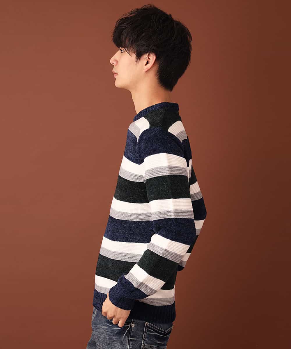 MKIAL06085 MK MICHEL KLEIN HOMME(MKミッシェルクランオム) ふわふわニット／モールMIXボーダー ネイビー