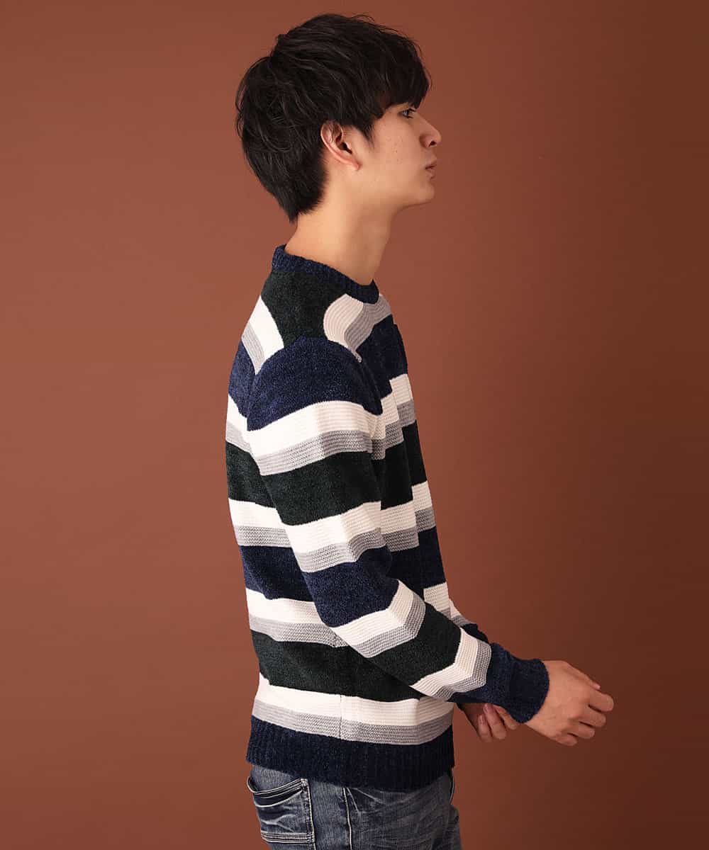 MKIAL06085 MK MICHEL KLEIN HOMME(MKミッシェルクランオム) ふわふわニット／モールMIXボーダー ネイビー