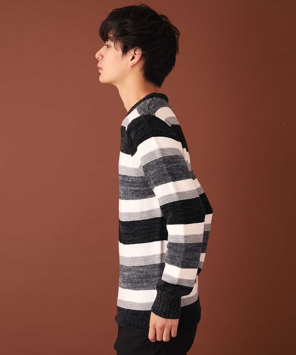 MKIAL06085 MK MICHEL KLEIN HOMME(MKミッシェルクランオム) ふわふわニット／モールMIXボーダー ブラック