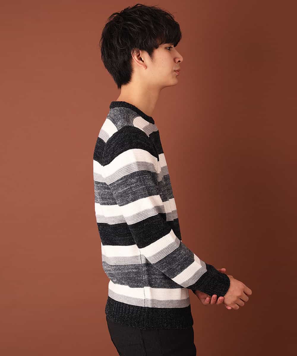 MKIAL06085 MK MICHEL KLEIN HOMME(MKミッシェルクランオム) ふわふわニット／モールMIXボーダー ブラック
