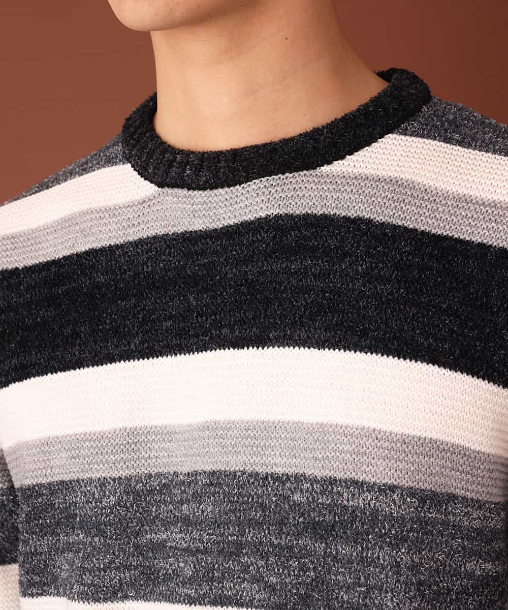 MKIAL06085 MK MICHEL KLEIN HOMME(MKミッシェルクランオム) ふわふわニット／モールMIXボーダー ブラック