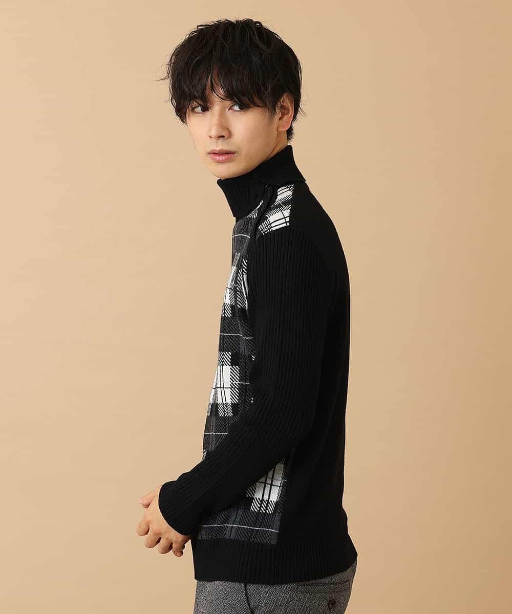 MKIAO42110 MK MICHEL KLEIN HOMME(MKミッシェルクランオム) タートルネックニット／クールハートチェック ブラック