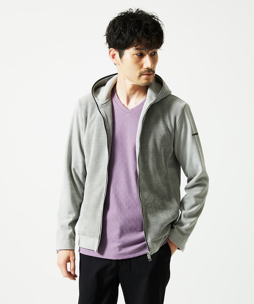 MKJAF09160 MK MICHEL KLEIN HOMME(MKミッシェルクランオム) 【洗える/ストレッチ】ワッフルベロア ジップパーカー グレー