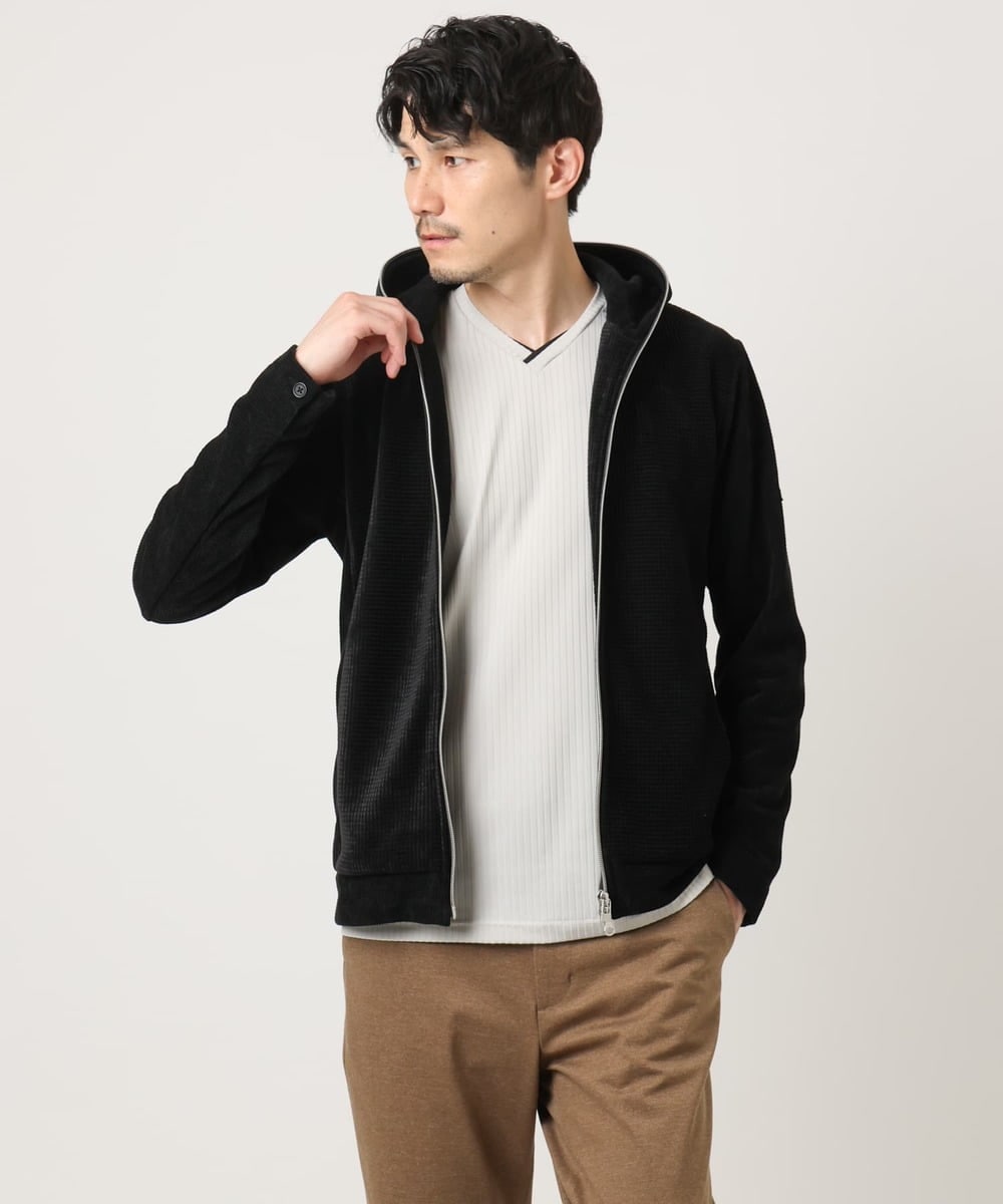MKJAF09160 MK MICHEL KLEIN HOMME(MKミッシェルクランオム) 【洗える/ストレッチ】ワッフルベロア ジップパーカー ブラック