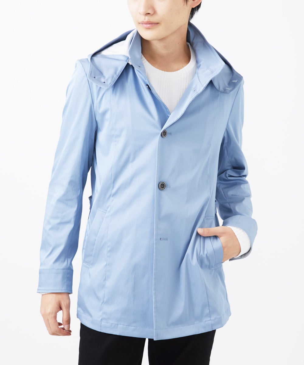 MKJGC12190 MK MICHEL KLEIN HOMME(MKミッシェルクランオム) 【ON/OFF対応】フードショートコート/サテンリバーストレッチ ライトブルー
