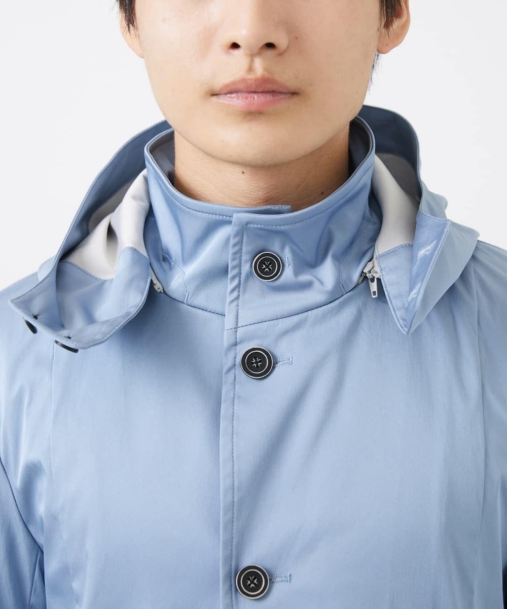 MKJGC12190 MK MICHEL KLEIN HOMME(MKミッシェルクランオム) 【ON/OFF対応】フードショートコート/サテンリバーストレッチ ライトブルー