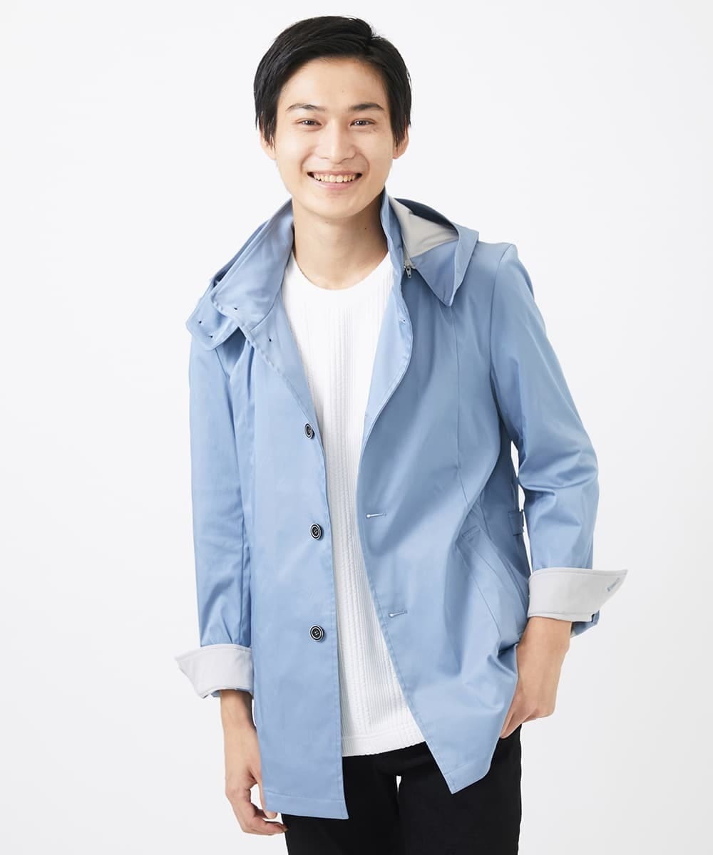 MKJGC12190 MK MICHEL KLEIN HOMME(MKミッシェルクランオム) 【ON/OFF対応】フードショートコート/サテンリバーストレッチ ライトブルー