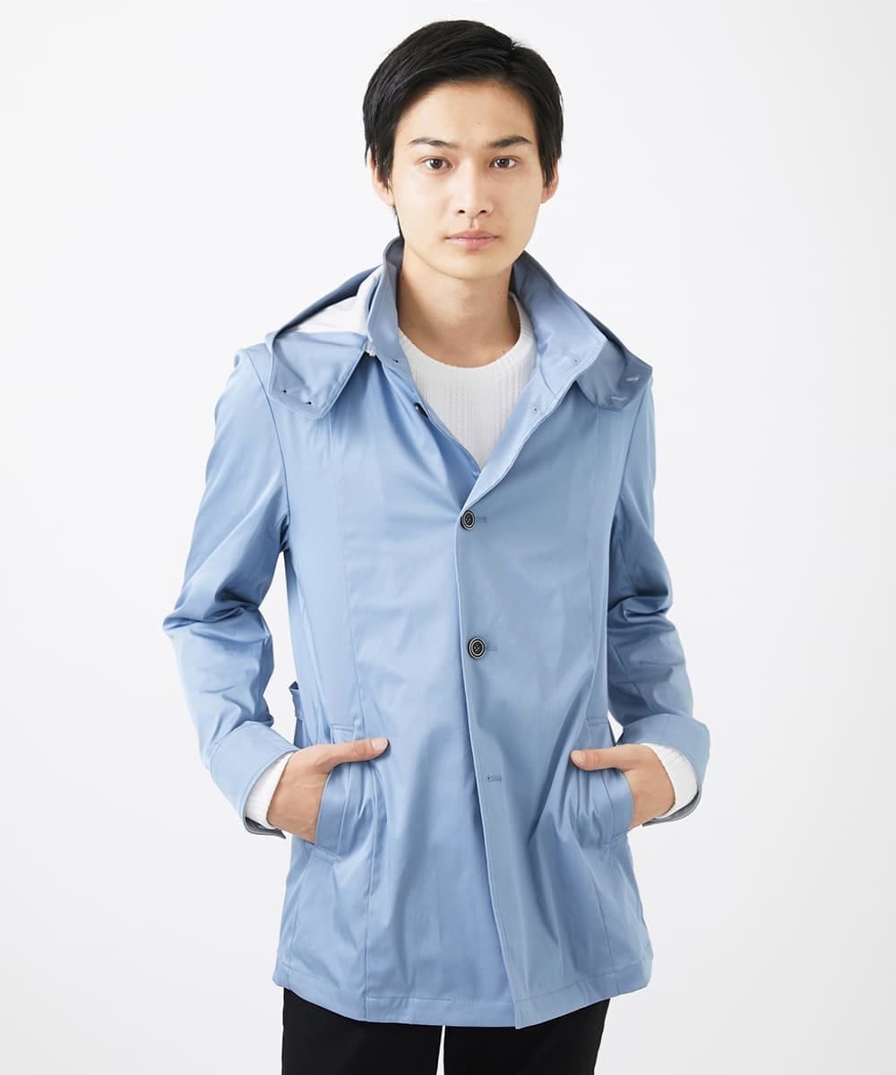 MKJGC12190 MK MICHEL KLEIN HOMME(MKミッシェルクランオム) 【ON/OFF対応】フードショートコート/サテンリバーストレッチ ライトブルー