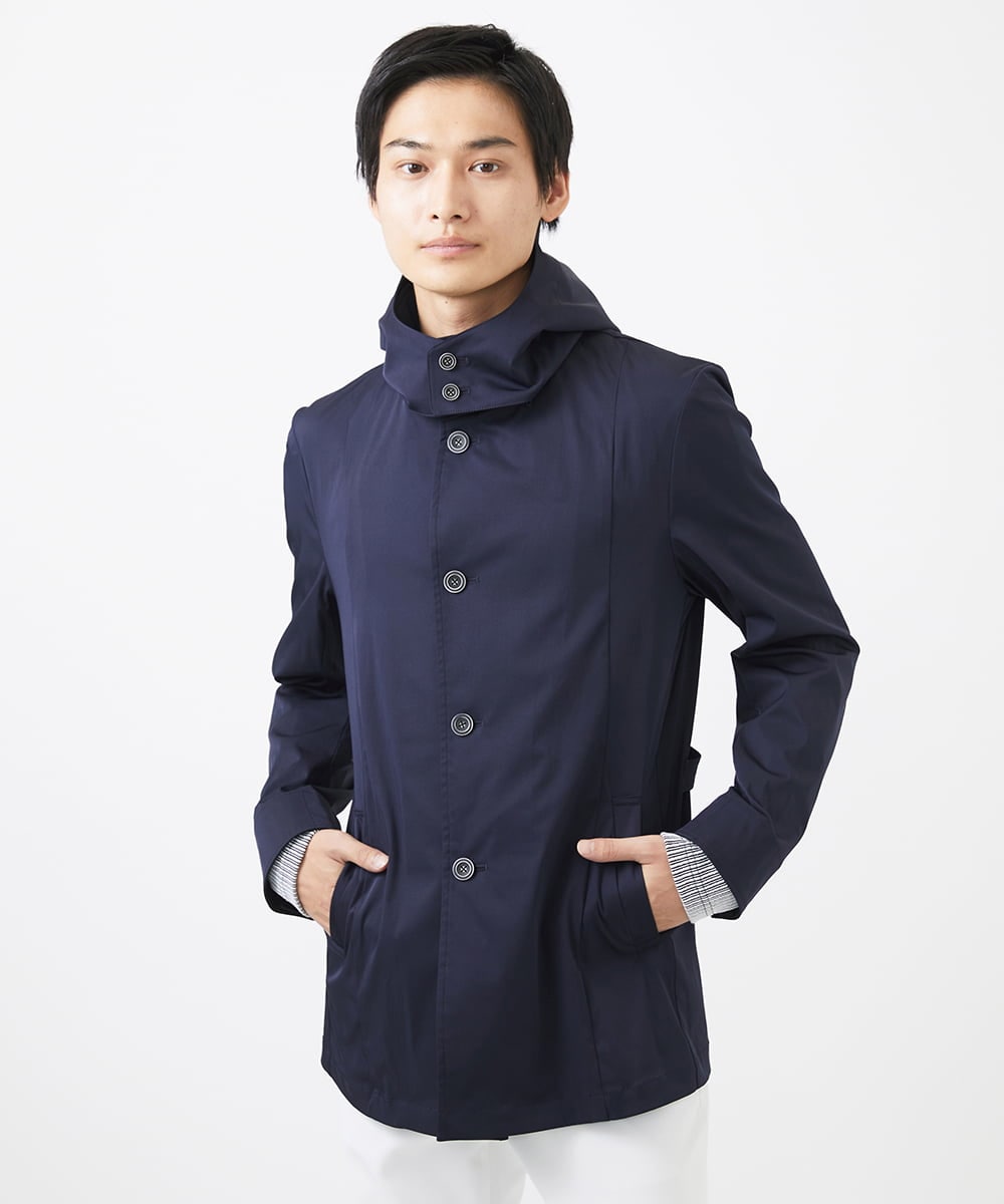 MKJGC12190 MK MICHEL KLEIN HOMME(MKミッシェルクランオム) 【ON/OFF対応】フードショートコート/サテンリバーストレッチ ネイビー