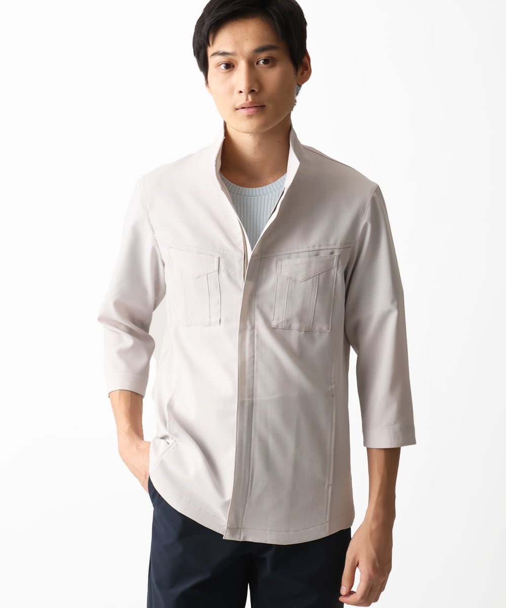MKJGC66180 MK MICHEL KLEIN HOMME(MKミッシェルクランオム) 七分袖ミリタリーシャツ / リネンタッチ ライトグレー
