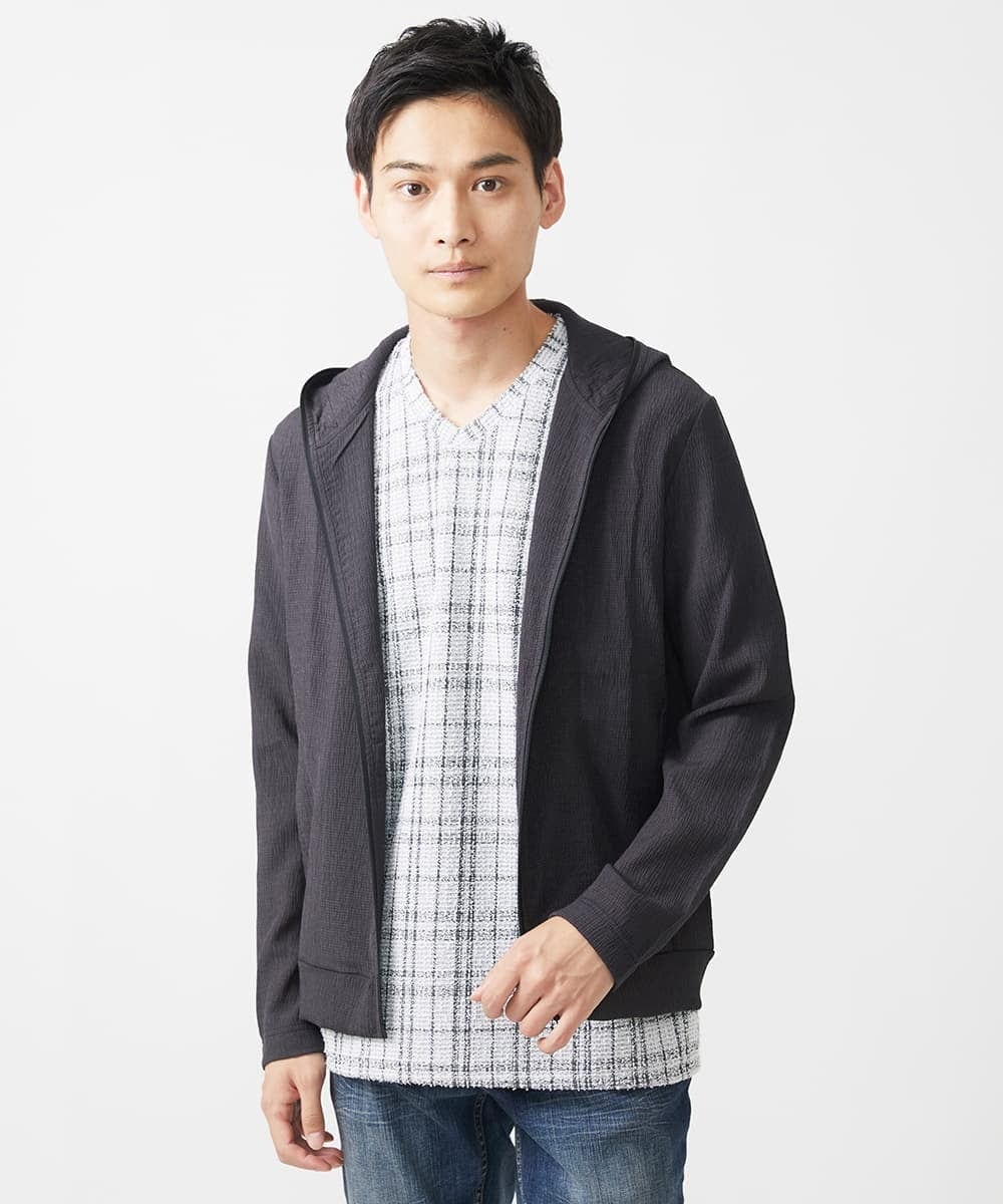 MKJJX09130 MK MICHEL KLEIN HOMME(MKミッシェルクランオム) 【洗える】フードパーカー/ラダーストライプ パープル