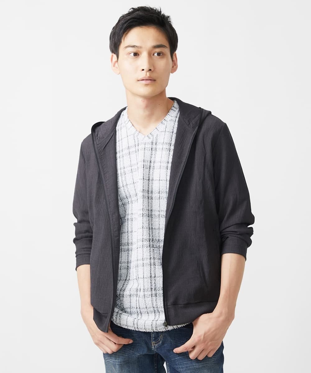 MKJJX09130 MK MICHEL KLEIN HOMME(MKミッシェルクランオム) 【洗える】フードパーカー/ラダーストライプ パープル