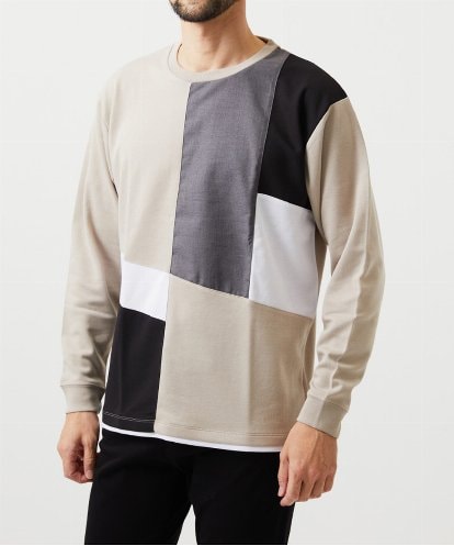 MKKAF89059 MK MICHEL KLEIN HOMME 【ゆったりサイズ】ブロック切り替え長袖カットソー