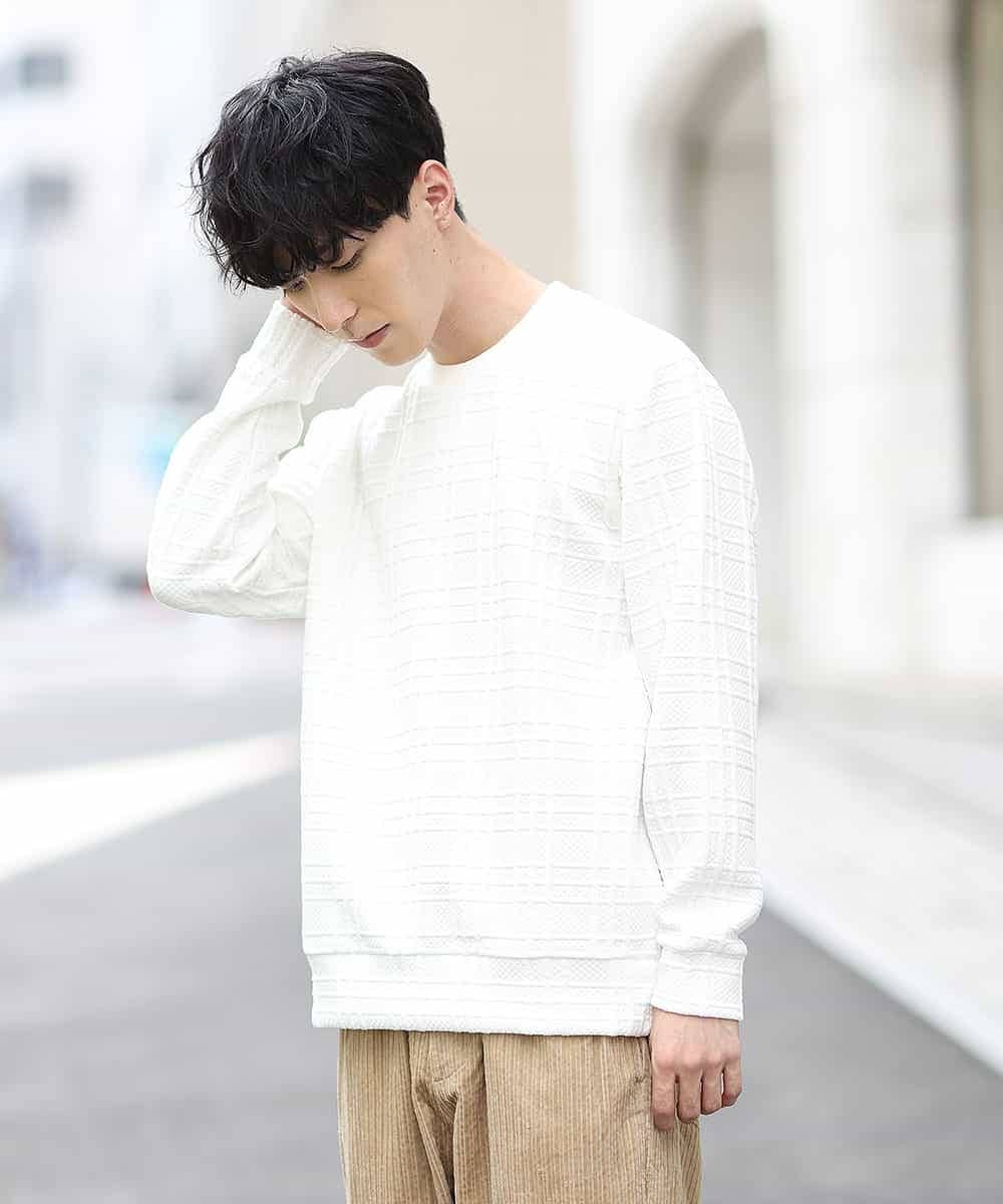MKKAO35069 MK MICHEL KLEIN HOMME(MKミッシェルクランオム) 【ワンマイルウェア】フクレチェックカットソー ホワイト