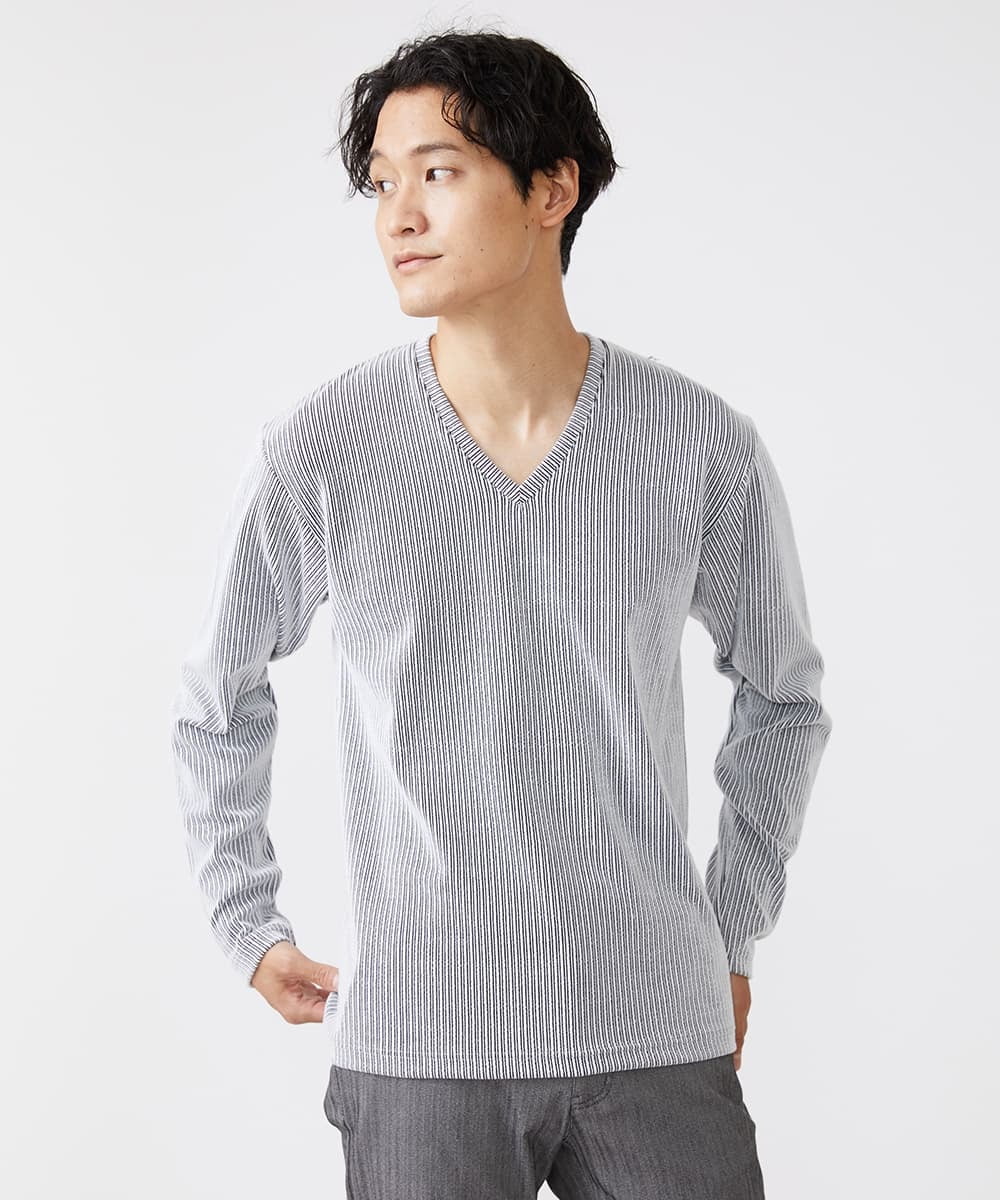 MKKAV56069 MK MICHEL KLEIN HOMME(MKミッシェルクランオム) ストライプカットソー ライトグレー(91)