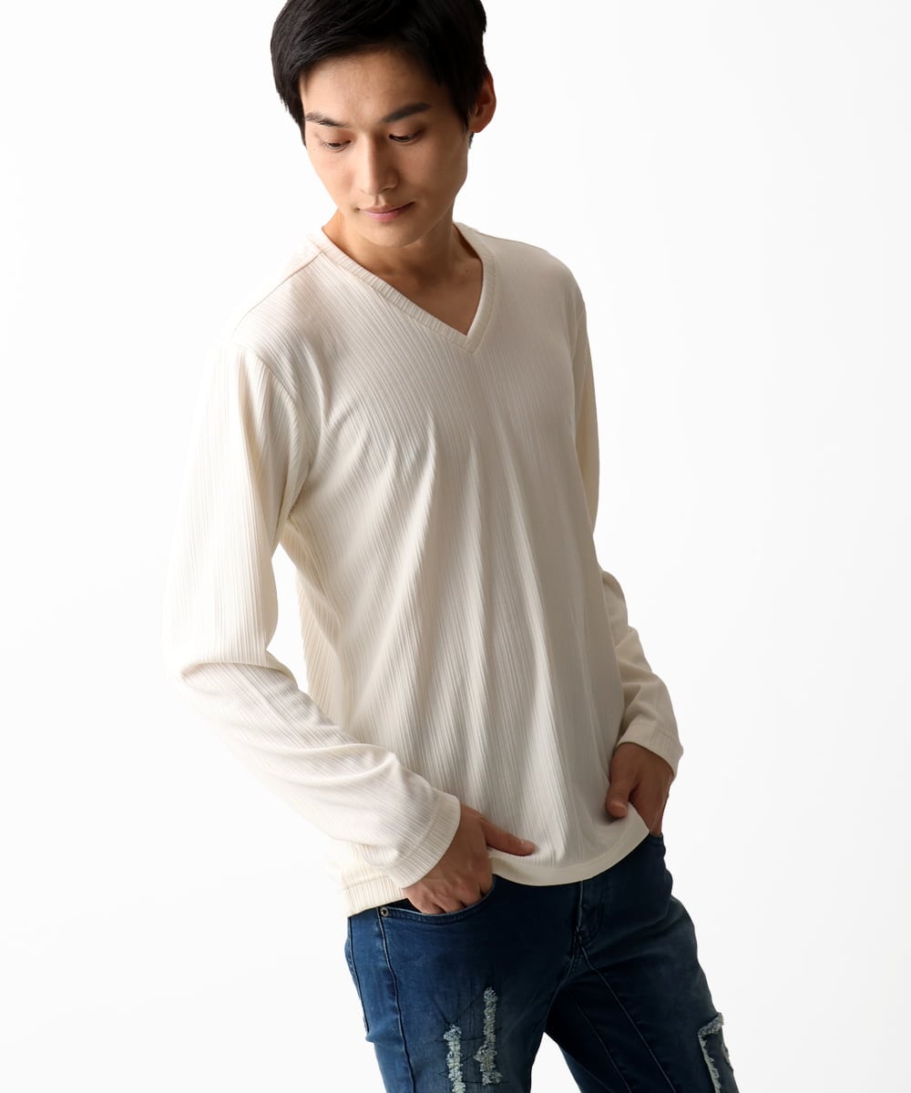 MKKDA55059 MK MICHEL KLEIN HOMME(MKミッシェルクランオム) Vネックストライプカットソー ホワイト(90)