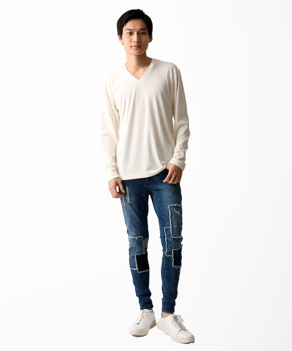 MKKDA55059 MK MICHEL KLEIN HOMME(MKミッシェルクランオム) Vネックストライプカットソー ホワイト(90)