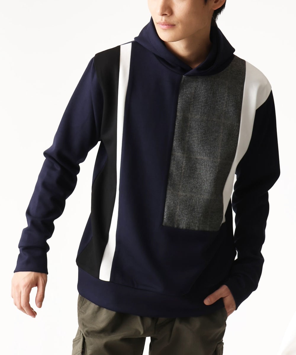MKKDC03099 MK MICHEL KLEIN HOMME(MKミッシェルクランオム) グレンチェックブロック切替パーカー ネイビー
