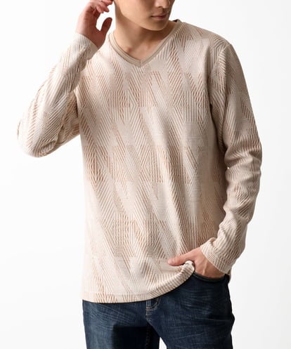 MK MICHEL KLEIN HOMME(MK ミッシェルクランオム) Vネック長袖カットソー /幾何学模様 ベージュ 46