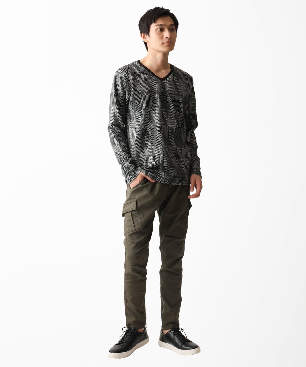 MKKDC33069 MK MICHEL KLEIN HOMME(MKミッシェルクランオム) Vネック長袖カットソー /幾何学模様 ブラック(94)