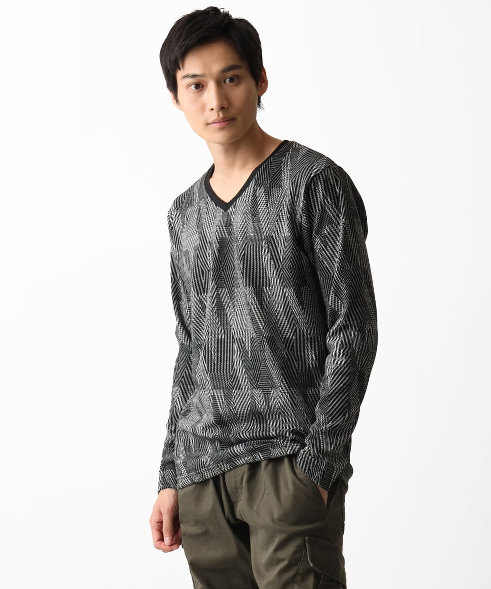 MKKDC33069 MK MICHEL KLEIN HOMME(MKミッシェルクランオム) Vネック長袖カットソー /幾何学模様 ブラック(94)