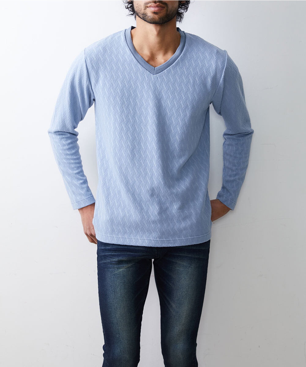 MKKDU01063 MK MICHEL KLEIN HOMME(MKミッシェルクランオム) へリンボンカットソー ライトブルー(50)