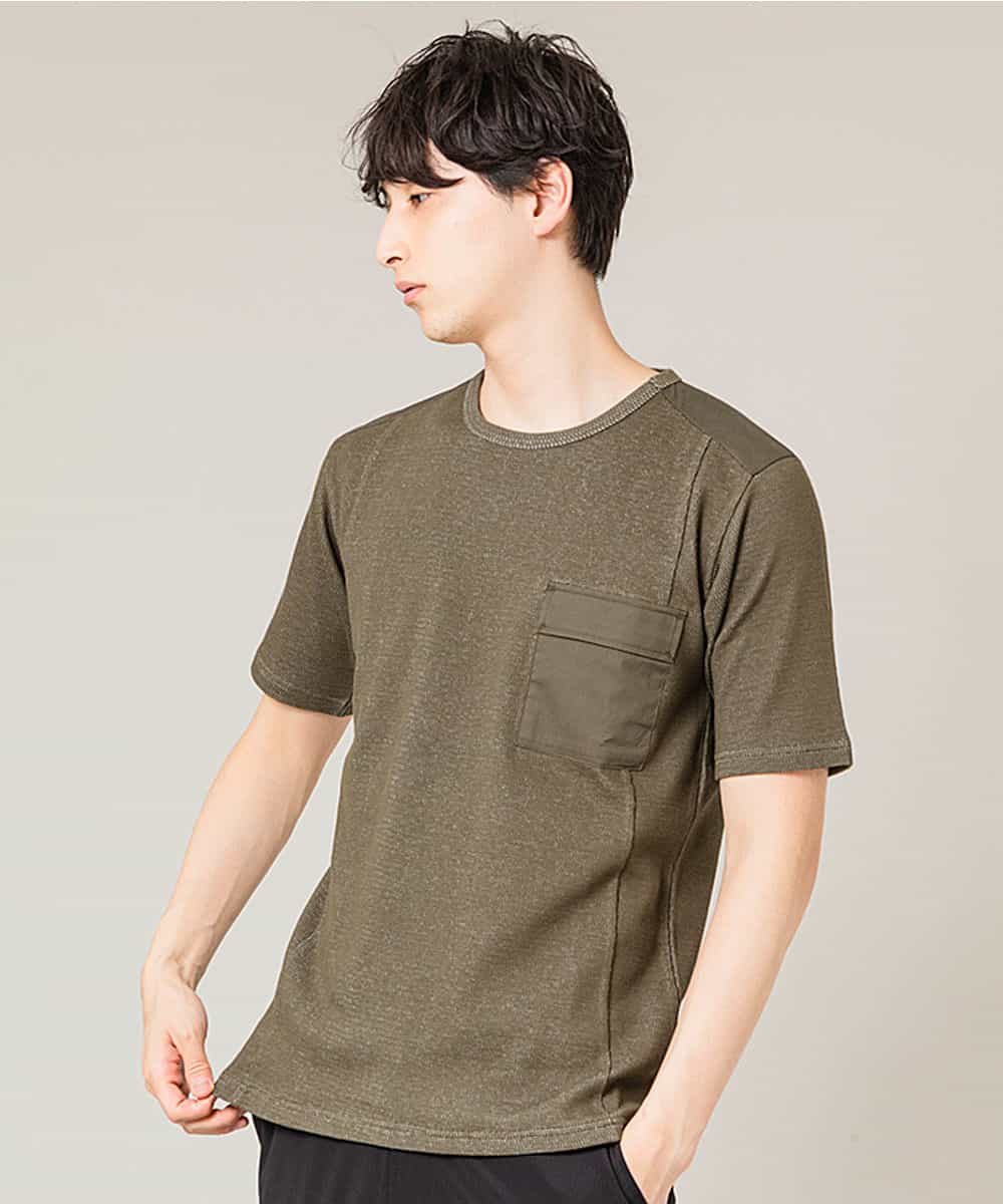 MKKFL23069 MK MICHEL KLEIN HOMME(MKミッシェルクランオム) カットソー／メッシュプレーティング カーキ