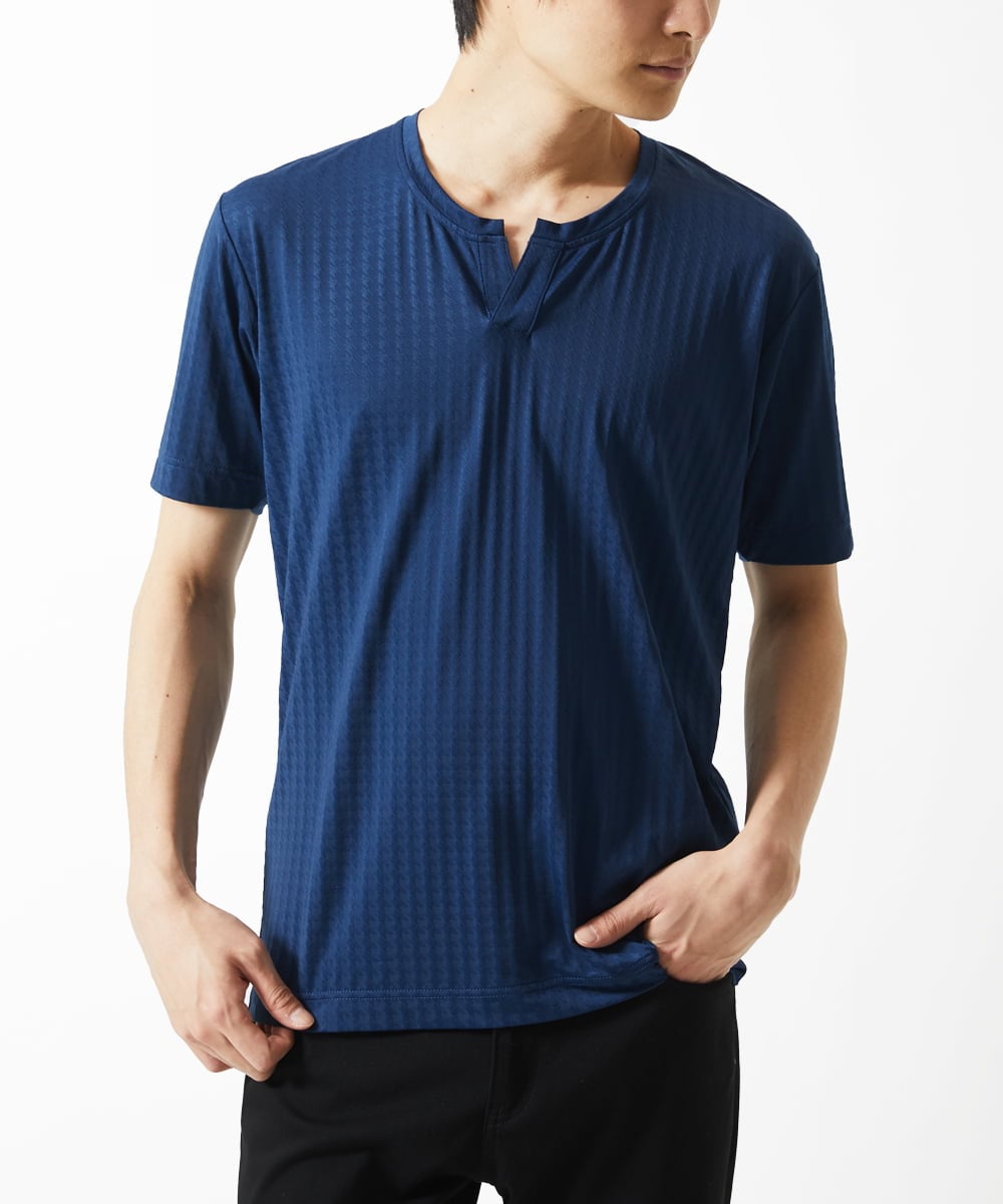 MKKGA58050 MK MICHEL KLEIN HOMME(MKミッシェルクランオム) スキッパーネックTシャツ / スリップウエーブジャガード ネイビー
