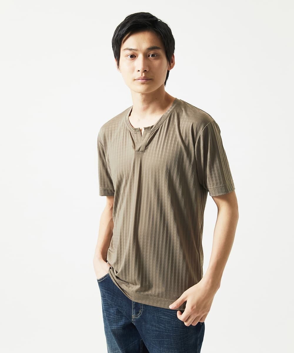 MKKGA58050 MK MICHEL KLEIN HOMME(MKミッシェルクランオム) スキッパーネックTシャツ / スリップウエーブジャガード ブラウン