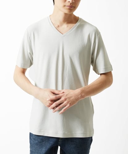 MK MICHEL KLEIN HOMME(MK ミッシェルクランオム) 【接触冷感 / ひんやり】VネックTシャツ / スリップウエーブジャガード アイボリー/白 46
