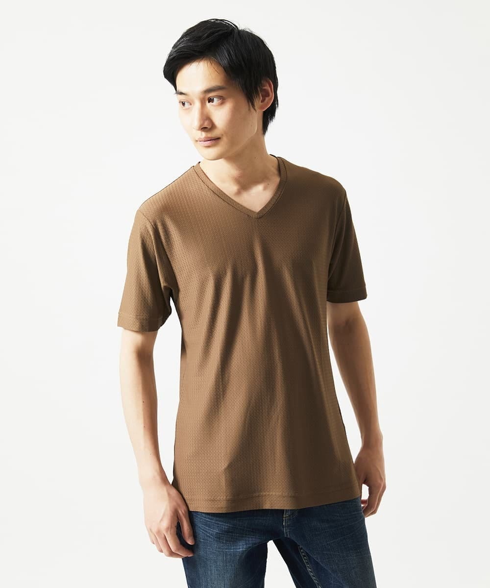 MKKGA59050 MK MICHEL KLEIN HOMME(MKミッシェルクランオム) 【接触冷感 / ひんやり】VネックTシャツ / スリップウエーブジャガード ブラウン