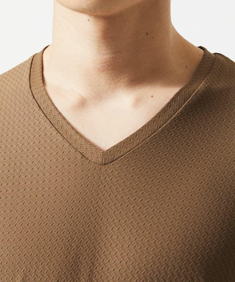 MKKGA59050 MK MICHEL KLEIN HOMME(MKミッシェルクランオム) 【接触冷感 / ひんやり】VネックTシャツ / スリップウエーブジャガード ブラウン