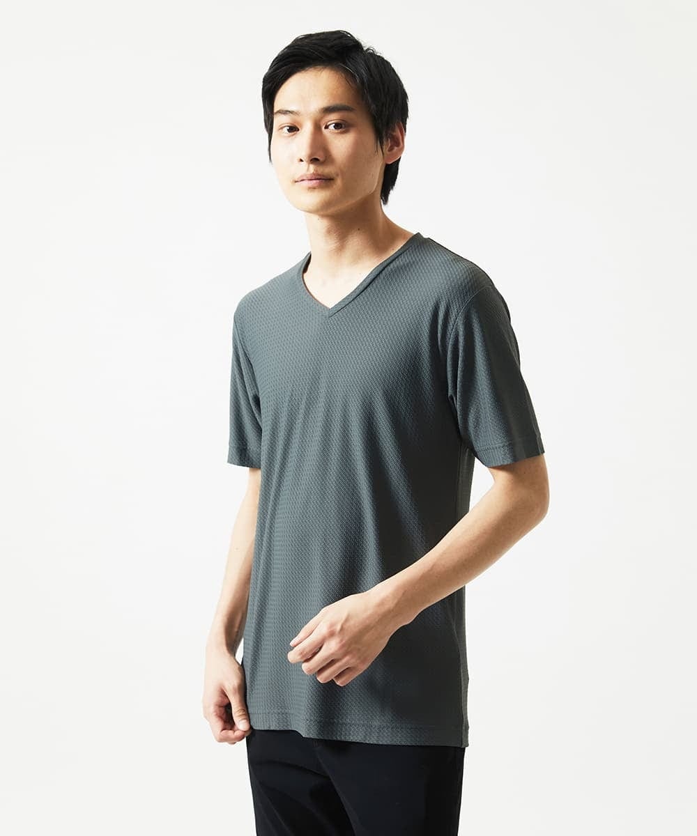 MKKGA59050 MK MICHEL KLEIN HOMME(MKミッシェルクランオム) 【接触冷感 / ひんやり】VネックTシャツ / スリップウエーブジャガード ダークグレー