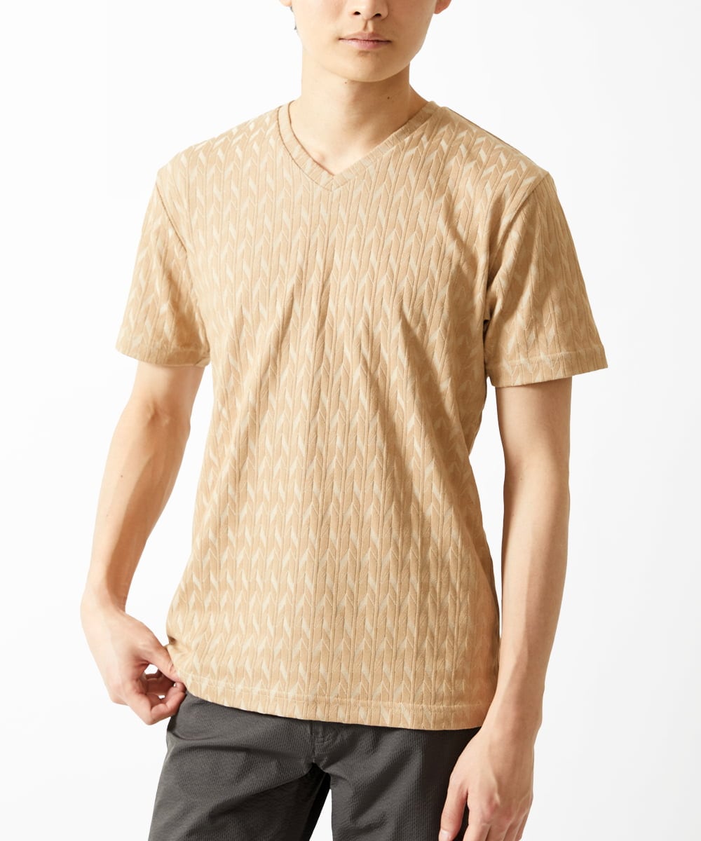MKKGA70059 MK MICHEL KLEIN HOMME(MKミッシェルクランオム) へリンボンVネック半袖Tシャツ ベージュ(82)