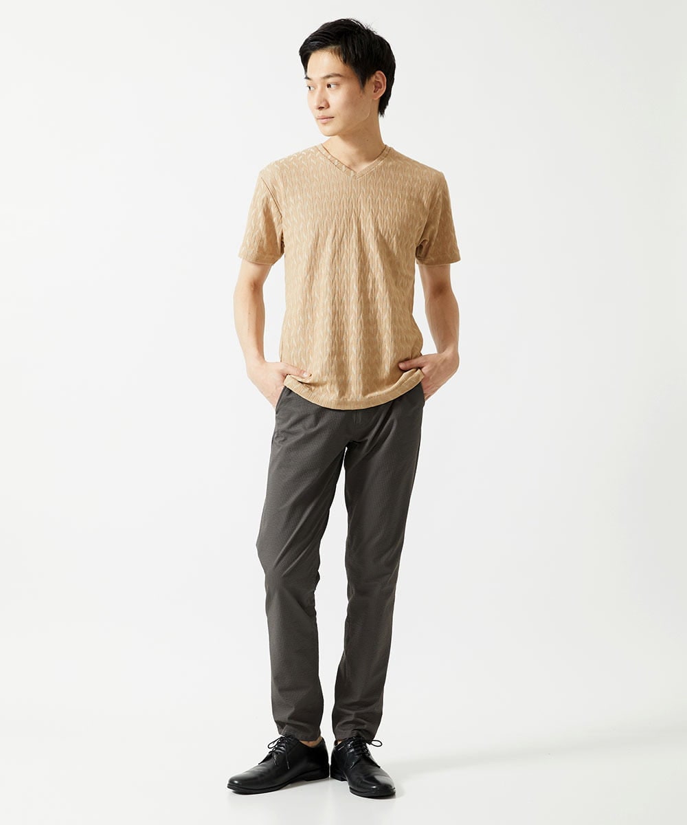 MKKGA70059 MK MICHEL KLEIN HOMME(MKミッシェルクランオム) へリンボンVネック半袖Tシャツ ベージュ(82)
