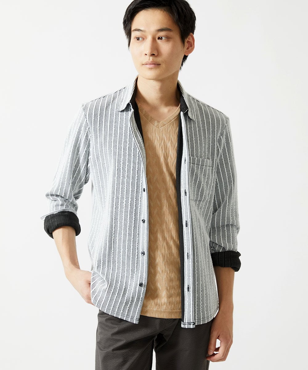MKKGA70059 MK MICHEL KLEIN HOMME(MKミッシェルクランオム) へリンボンVネック半袖Tシャツ ベージュ(82)