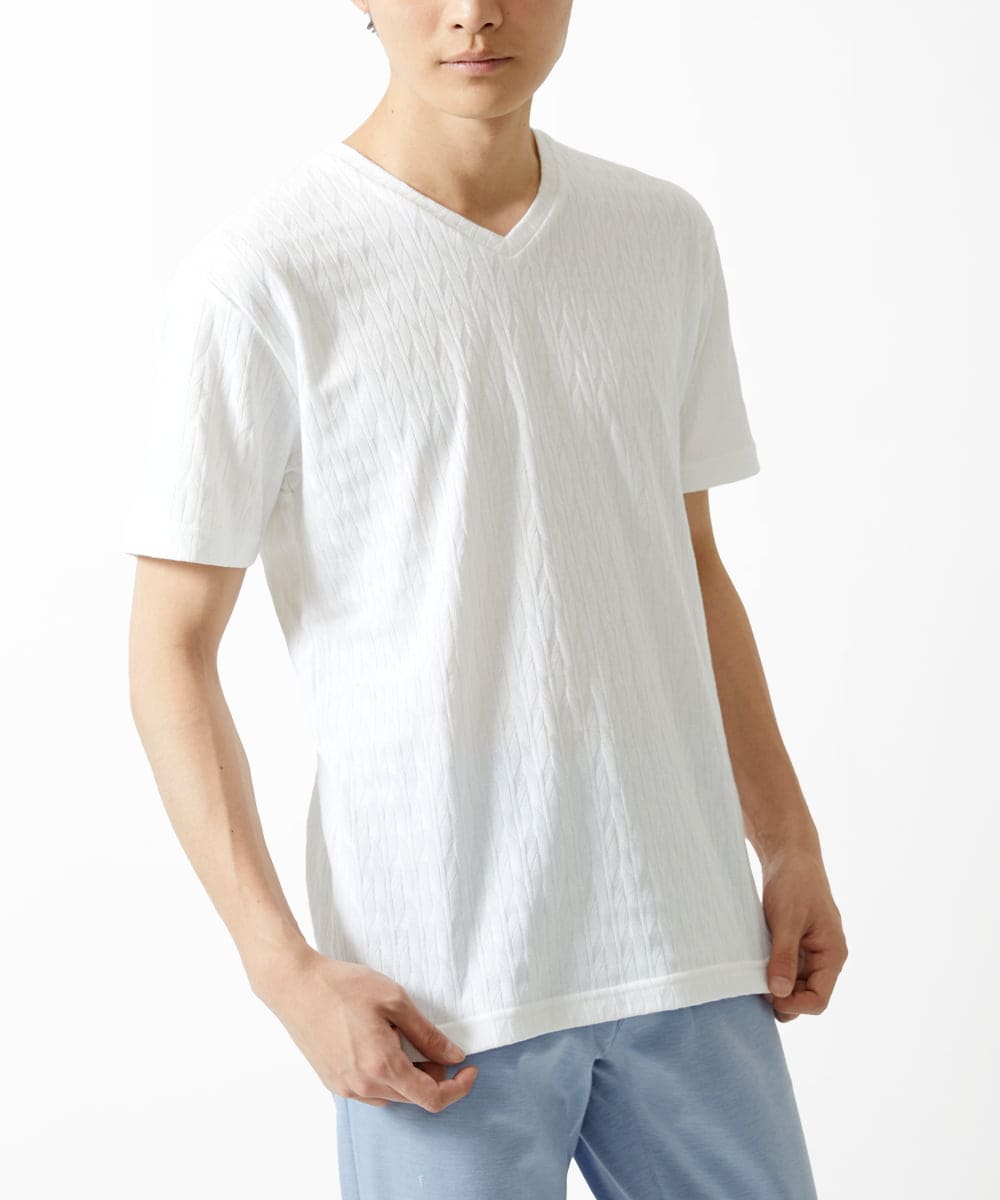 MKKGA70059 MK MICHEL KLEIN HOMME(MKミッシェルクランオム) へリンボンVネック半袖Tシャツ ホワイト(90)