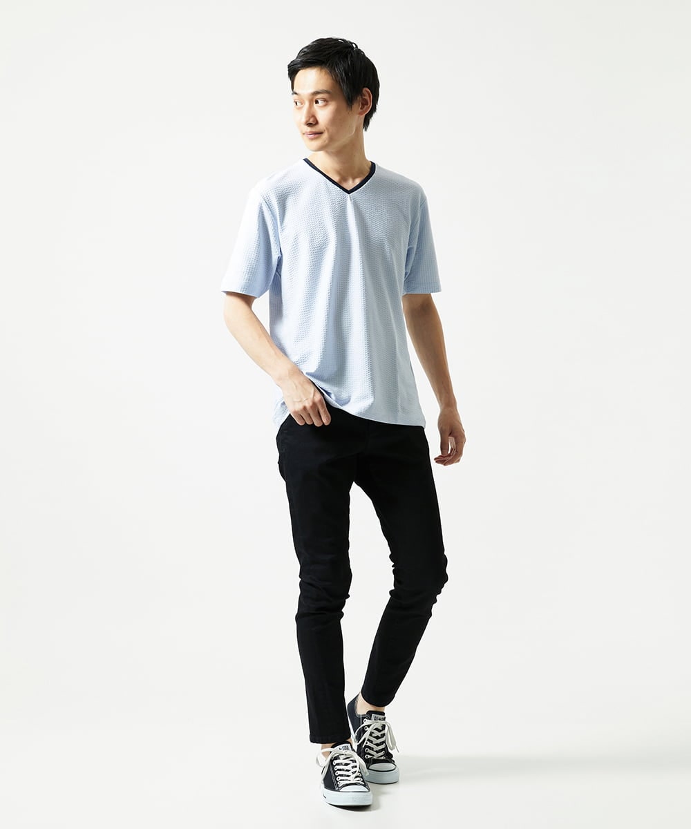 MKKGC31069 MK MICHEL KLEIN HOMME(MKミッシェルクランオム) 【洗える・サッカー素材】Vネックカットソー ライトブルー