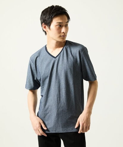 MK MICHEL KLEIN HOMME(MK ミッシェルクランオム) CNサッカージャージVネックカットソー ブルー/青 46