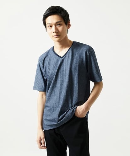 MK MICHEL KLEIN HOMME(MK ミッシェルクランオム) CNサッカージャージVネックカットソー ブルー/青 46