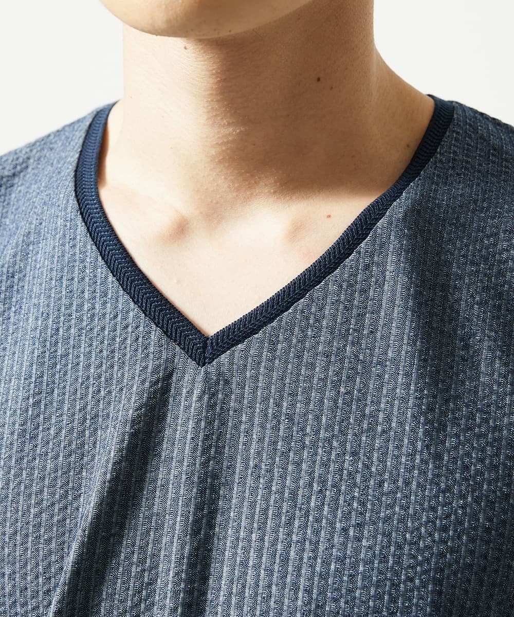 MKKGC31069 MK MICHEL KLEIN HOMME(MKミッシェルクランオム) 【洗える・サッカー素材】Vネックカットソー ブルー