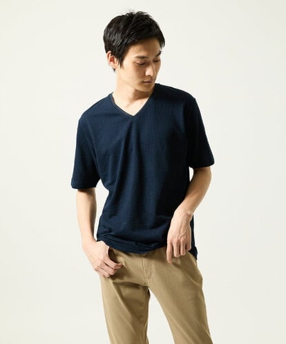MK MICHEL KLEIN HOMME(MK ミッシェルクランオム) CNサッカージャージVネックカットソー ネイビー/紺 46